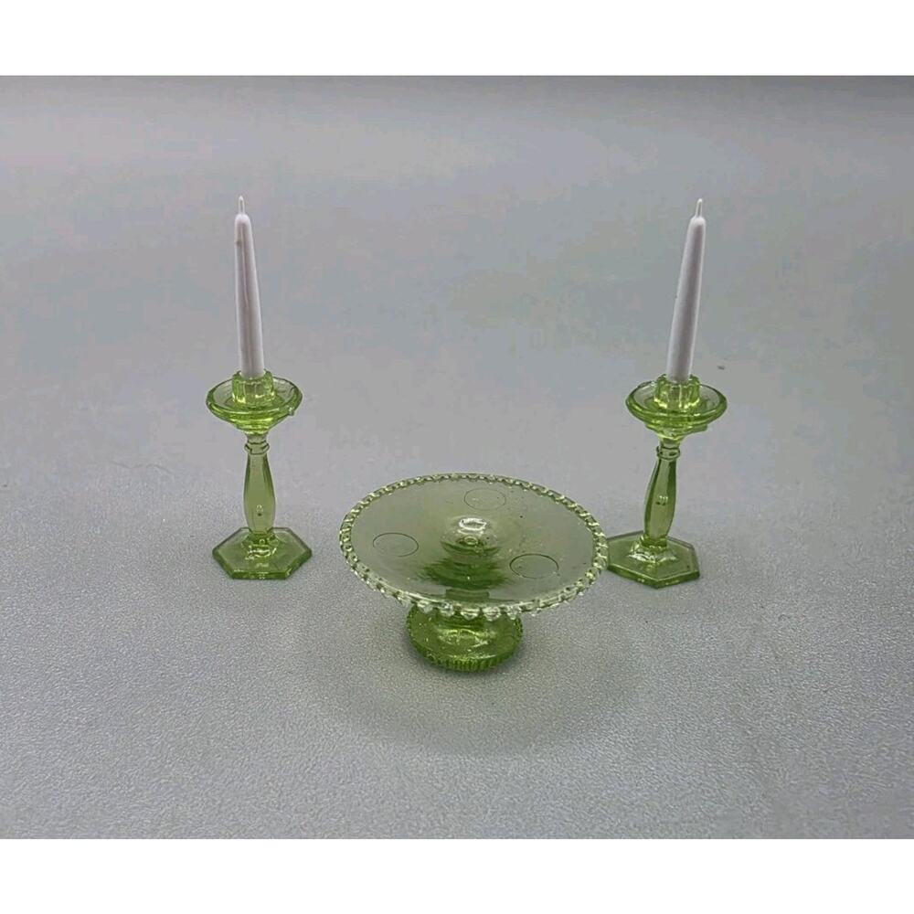 Minuature Transparent Green Cake Plate Pair of CandleSticks Dollhouse 1:12 Scale
